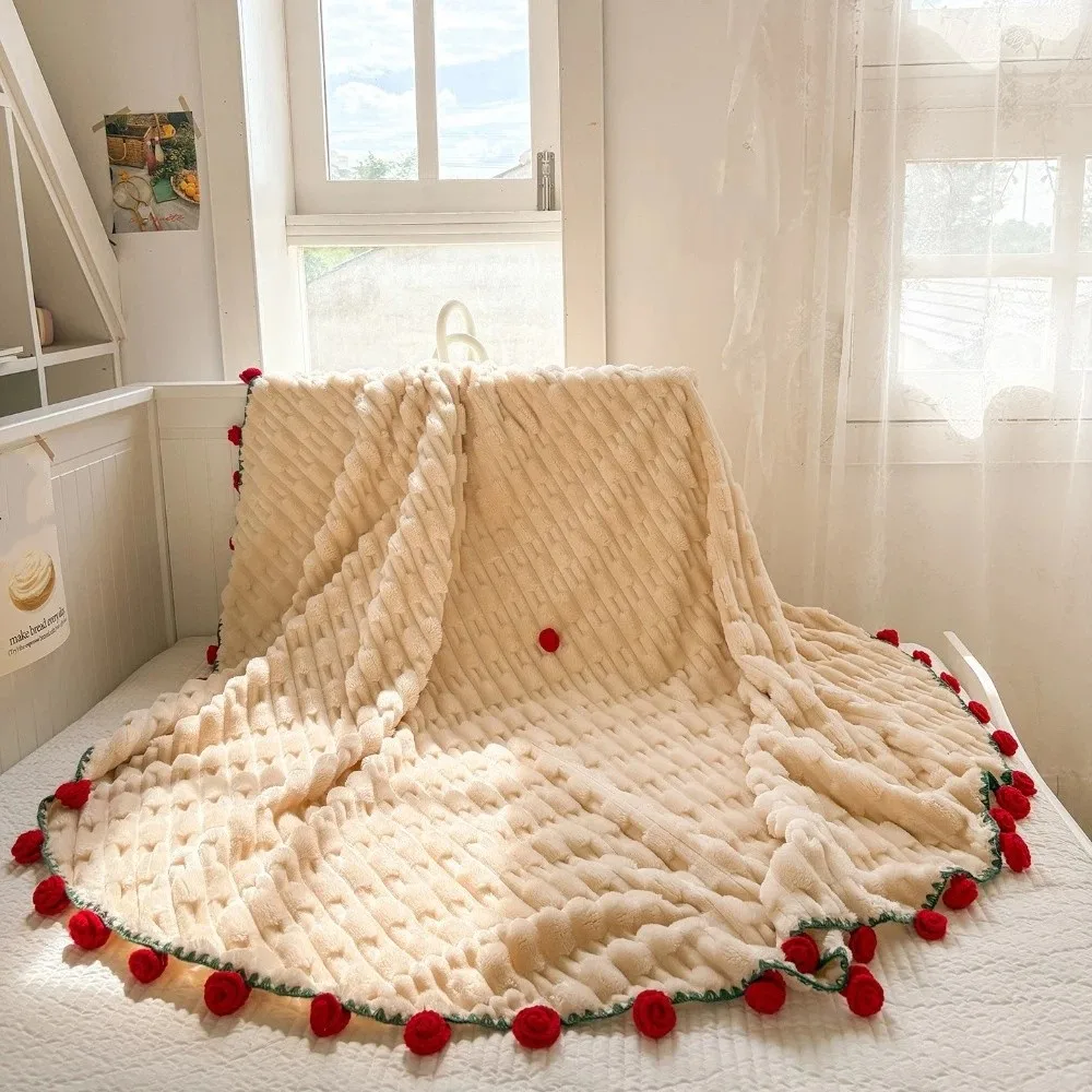 Multi-Use Fleece Rose Bouquet Blanket Soft Finished Floral Throw Blanket Handmade Warm Hand-Knitted Rose Blanket Photo Prop