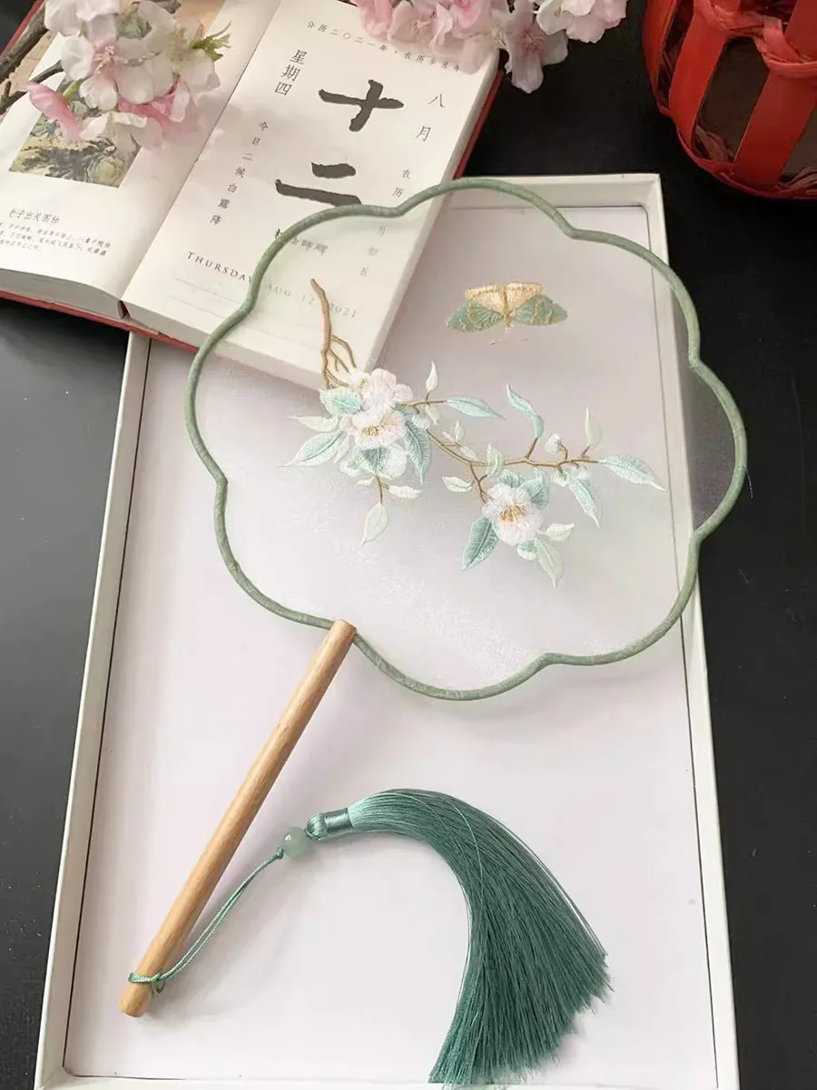 Chinese Style Embroidery Tassel Circular Fan, Double-Sided, Antique Dance Fan, Female Cheongsam, Tassel, Long Handle, Hanfu