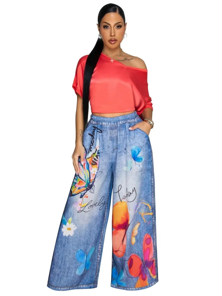 Wmstar Denim Pants Women Wholesale European American Foreign Clothing Russian European Printed Wide Leg Casual Summer 2025