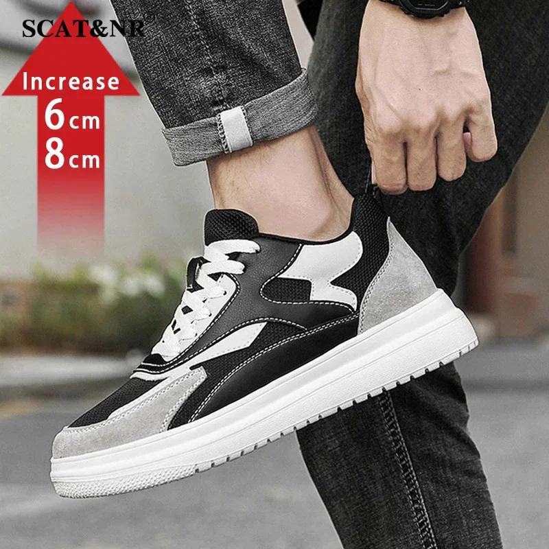 New Men Trendy Leather Sneakers Elevator Shoes Invisible Breathable Heightening Shoes 8cm Men'S Casual Light Sneakers Designer