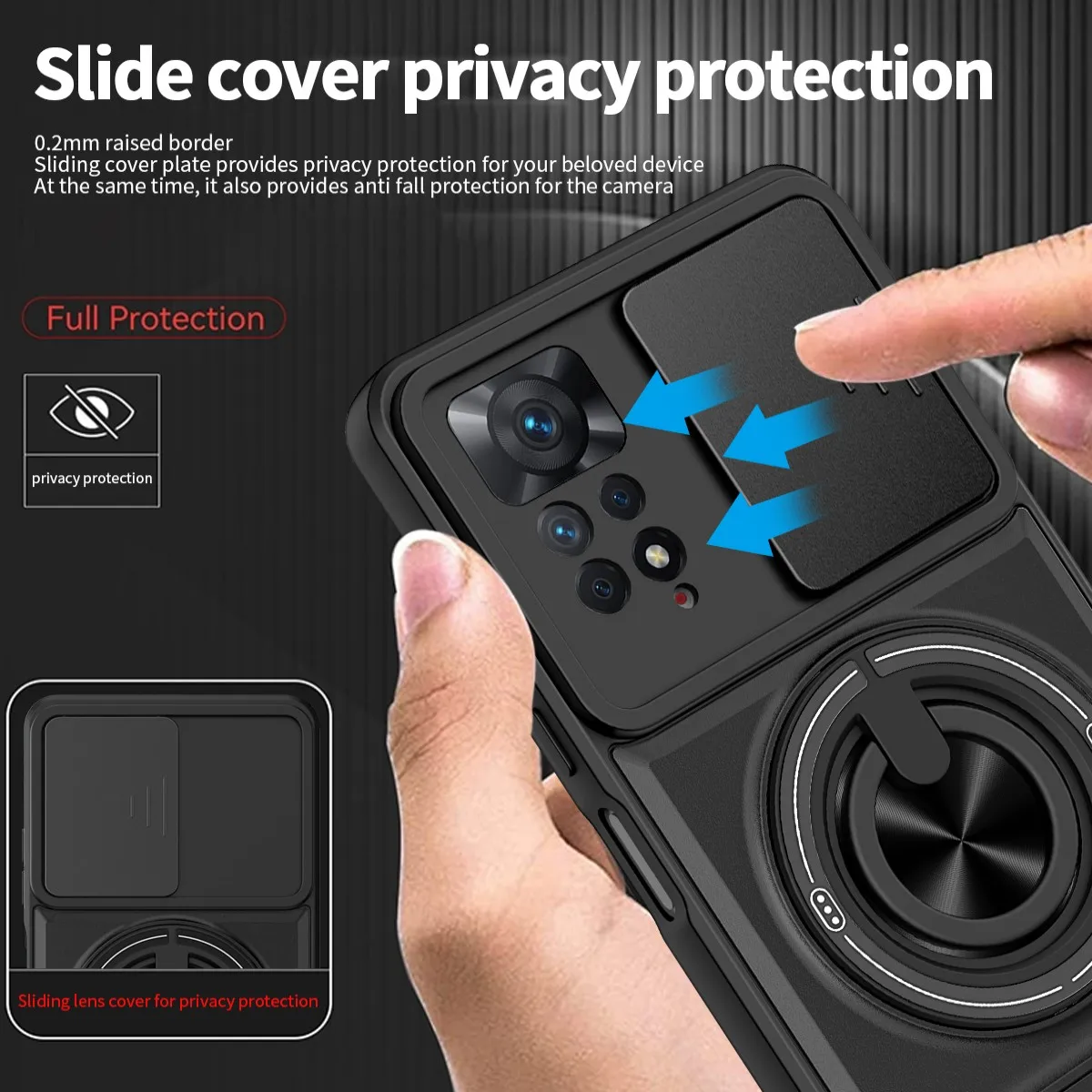 Armor Shockproof Phone Case with Sliding Camera Cap and Built-in Magnet Ring Kickstand