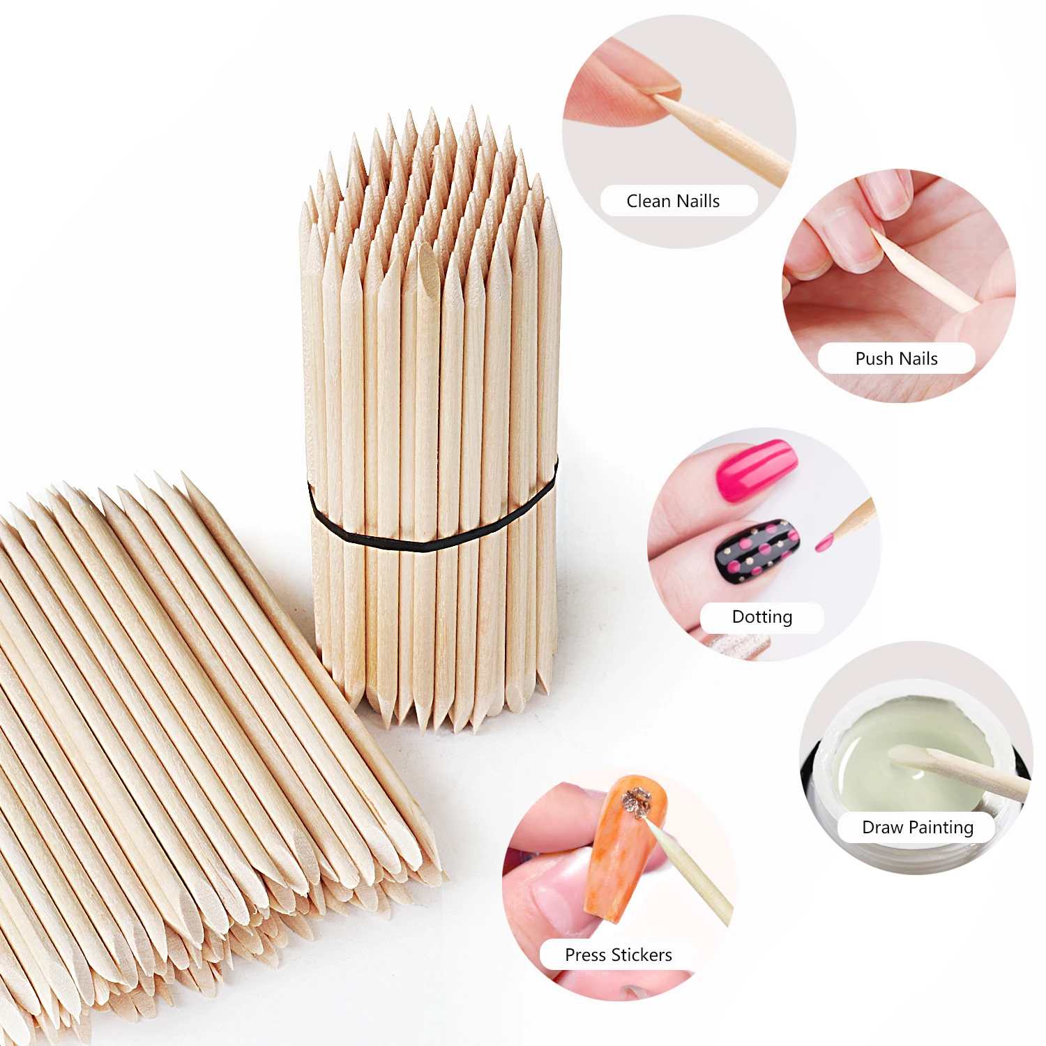 1000pcs Orange Wood Nail Sticks Double Sided Multi Functional Cuticle Pusher Manicure Pedicure Tool