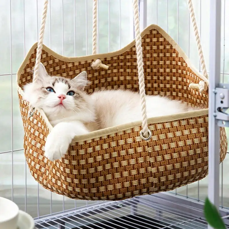 

Hanging Cat Bed Pet Hammock Hand-Woven Imitation Rattan kitten sleeping bed Comfortable cat Nest Basket indoor pet supplies