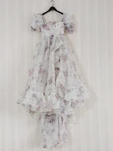  AELESEEN High Quality Women Summer Dress Blue Trapless Puff Sleeve Flower Print Ruffles 3D Irregular Party Holiday Princess 