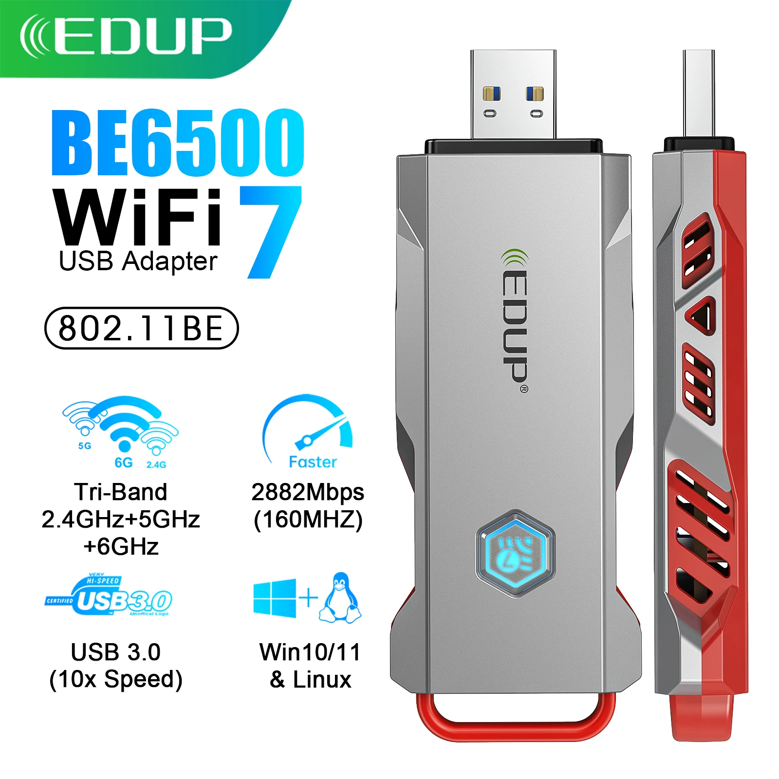 EDUP BE1679 BE6500 WiFi 7 USB 어댑터 트라이밴드 2.4G/5G/6GHz 6500Mbps 무선 네트워크 카드 MLO 4K-QAM 160MHz (윈도우11, 리눅스용)