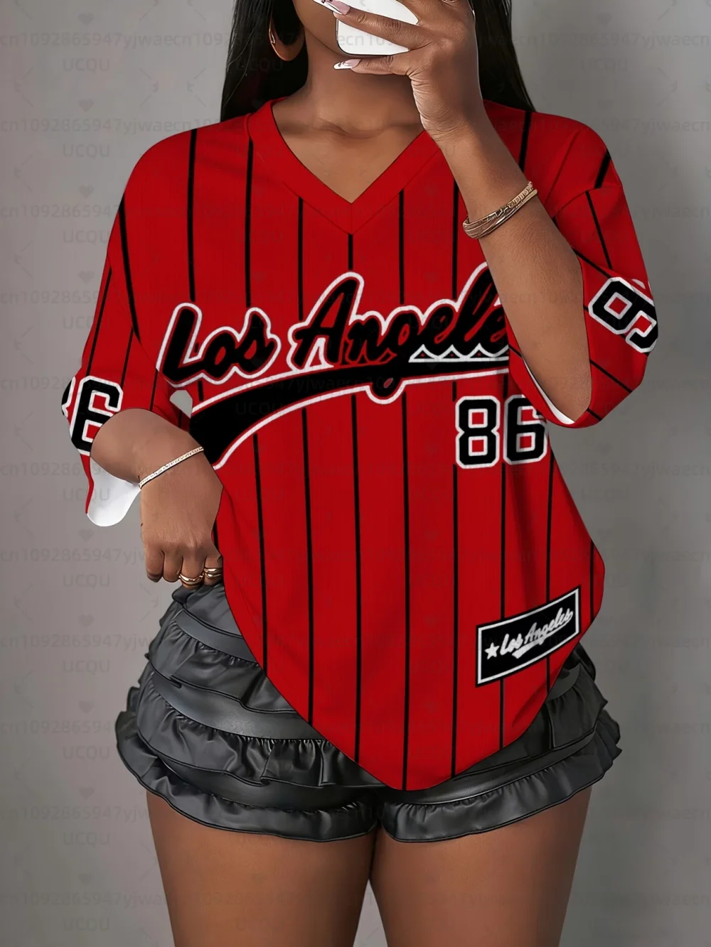 Women's Los Angeles NO.86 Print V-Neck Short Sleeve T-Shirt Summer Graphic Tee Baseball Jerseys Plus Size Sport T-Shirt 3