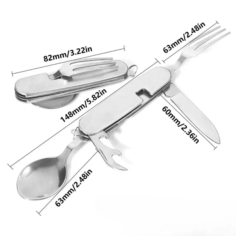 Multifunctional Foldable Detachable Cutlery Set Stainless Steel 4-in-1 Camping Fork Spoon Knife Opener for Hiking Travel Outdoor