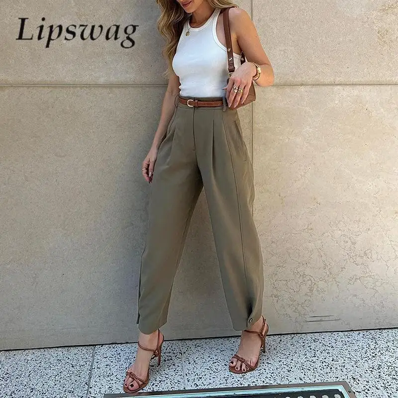 

Women Fashion High Waist Trousers Pocket Casual Pleat Pocket Loose Bloomers Pants Spring Autumn Vintage Solid Office Suit Pants