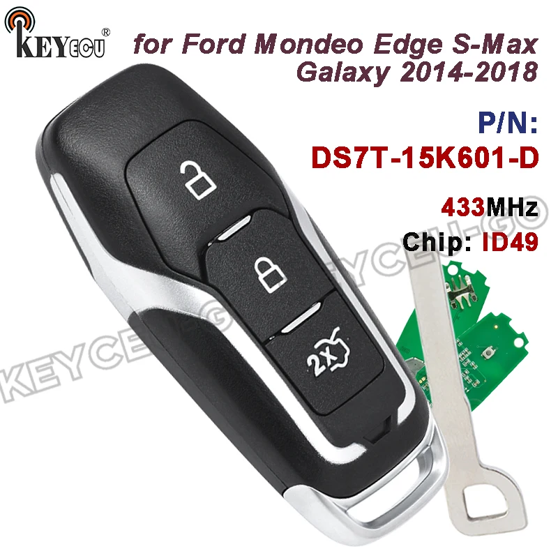 KEYECU 433MHz ID49 Chip DS7T-15K601-D 3 Buttons for Ford Mondeo Edge S-Max Galaxy 2014-2018 Smart Remote Control Car Key