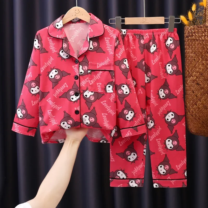 

Пижамы детские с узором Sanrio Kuromi, комплект из топа с длинным рукавом и брюк, аниме одежда для сна для девочек, Осенняя детская Домашняя одежда, 2 шт.