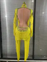 Yellow Tassel Jumpsuit Women Long Sleeve Spandex Skinny Fringe Leotard Sexy Stage Wear DJ Singer Dancer Party Show Costume - Image 6