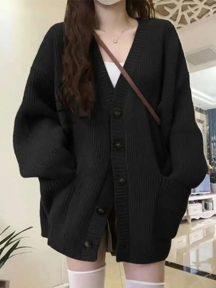 루즈 카디건 여성 긴 소매 v 넥 니트 블랙 Slouchy All-match 여성 가을 ??겨울 코트 한국어 세련된 헐렁한 탑 MLQ9