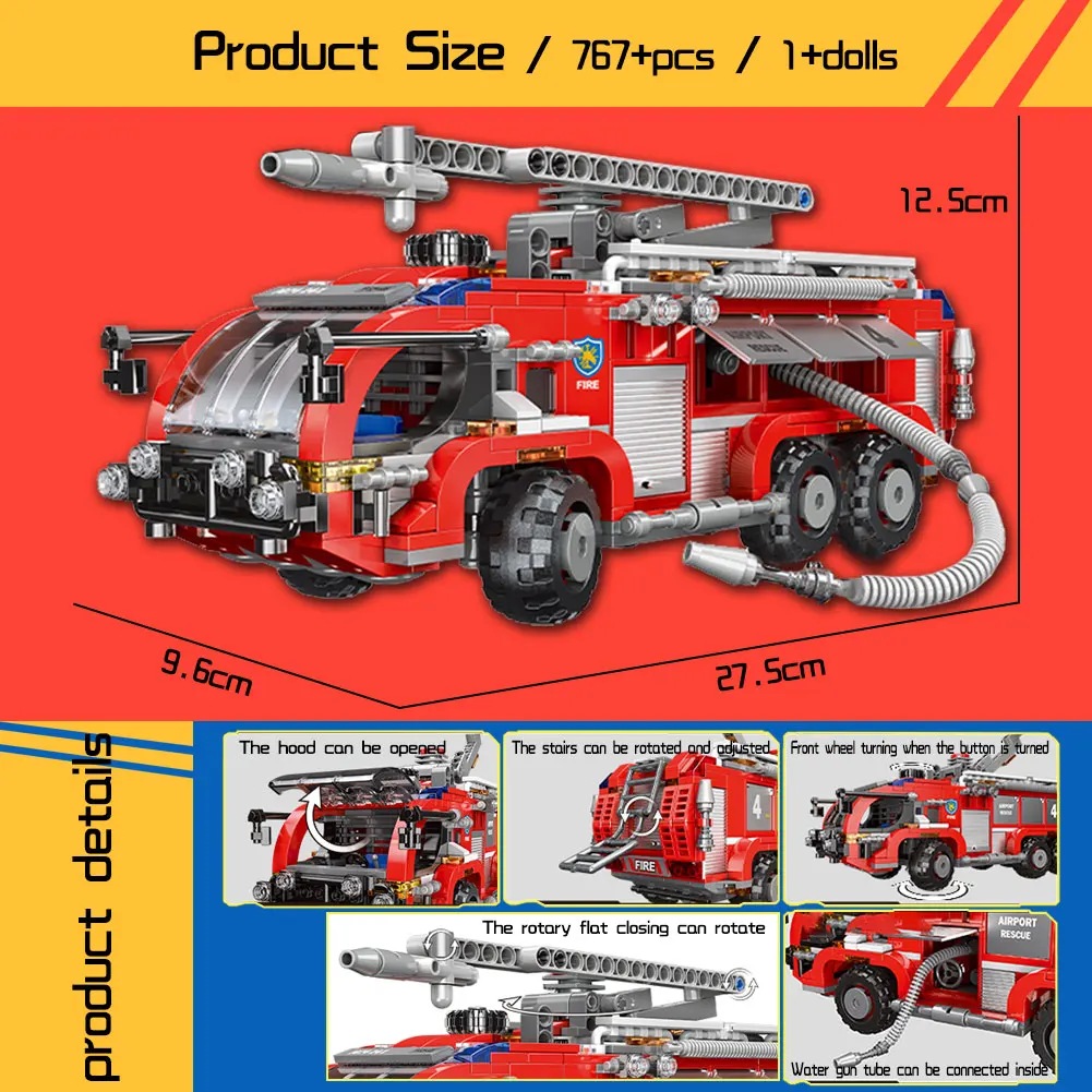767PCS MOC Airport Fire Truck Engine Building Blocks Bricks Model Figure Toy 