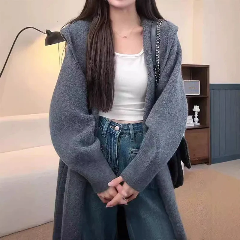 Korean Hooded Knitted Cardigan for Women Autumn Winter Casual Single Breasted Long Cardigan Woman Soft Solid Color Coats Female 3