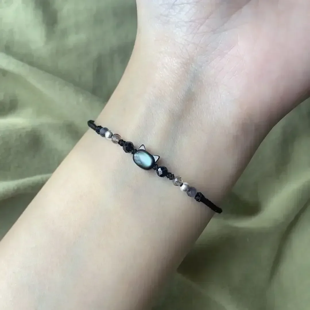 Natural Moonstone Bracelet Couple Friends Cute Cat Obsidian Charms Black Red - PeticaDeals