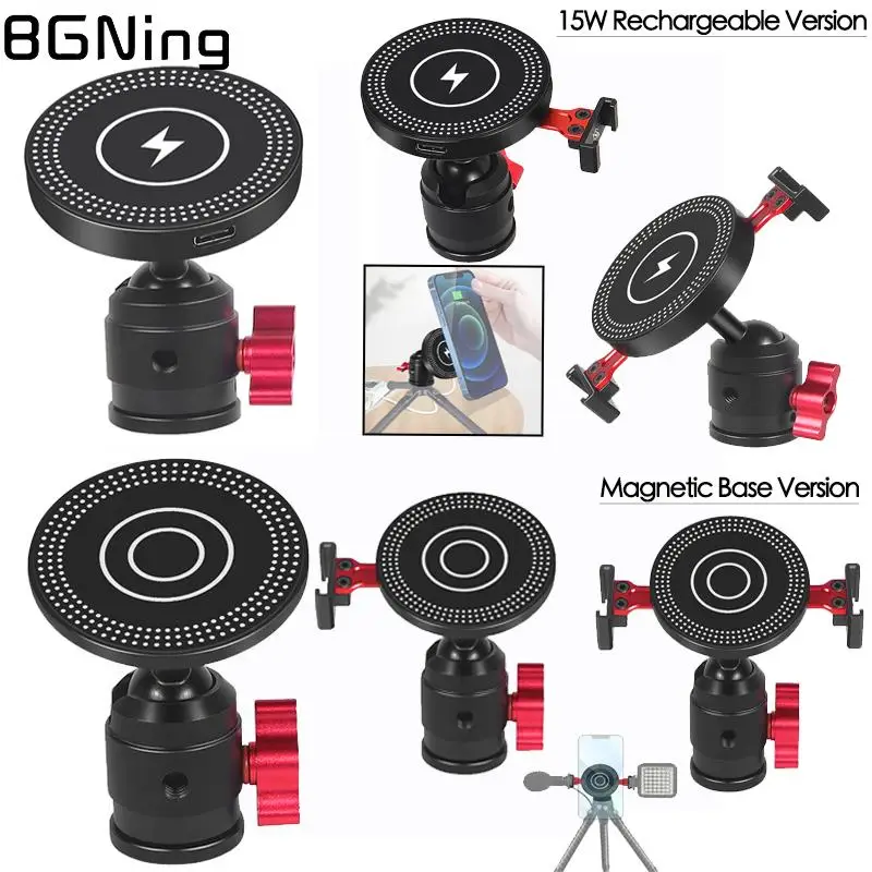Magnetic Suction Cup Phone Holder 360 Tilt Rotatable BallHead Cold Shoe Mount Wireless Charge for MagSafe DJI Mic Tripod Bracket