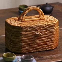 Handwoven Rattan Storage Box with Handle Wicker Ornament Box Tea Food Container Picnic Bread Fruit Cake Basket Kitchen Organizer