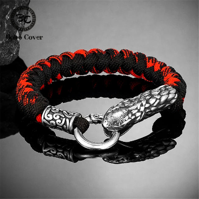 Norse Mythology Ouroboros Braided Rope Bracelets Men Stainless Steel Dragon  Camping Paracord Survival Wristband Vikings Jewelry