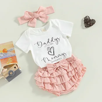 Baby Girl 3Pcs Father's Day Clothing Short Sleeve Round Neck Letters Print Bodysuit Tops Skirt Head Band 2