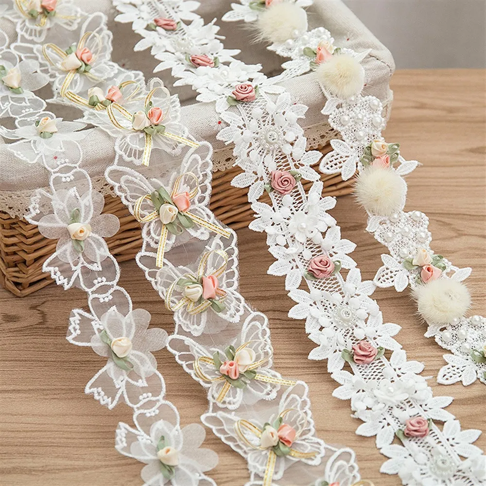 1Yard Lace Trim Ribbon Beads 3D Flower Embroidery For Crafts Sewing DIY  Curtain Accessories Wedding Dress Decor Width 5cm 6cm