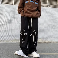 

Gothic Punk Cross Print High Street Pants Man Women 2022 Spring Ins Couple Loose High Waist Wide Leg Straight Pants Men