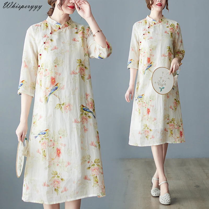 

Summer New Ramie Literary Chinese Style Improved Cheongsam Disc Buckle Dress Women Loose Vintage Qipao Printing Femal