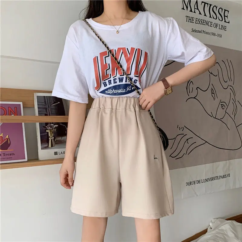 Summer Women Five-point Pants Sweet Casual Harajuku Cotton 2021 Sports Loose Thin Wide-leg Pattern Printing Elastic Girls Shorts plus size clothing