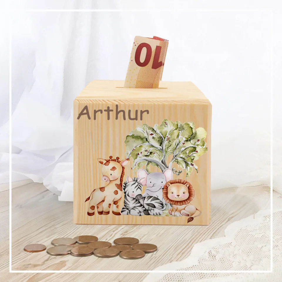 Personalisierte Spardose mit Tiermotiv und Namen, Spardose aus Holz, ideal als Geschenk zum Kindergeburtstag, zur Taufe oder Babyparty_voghion.com