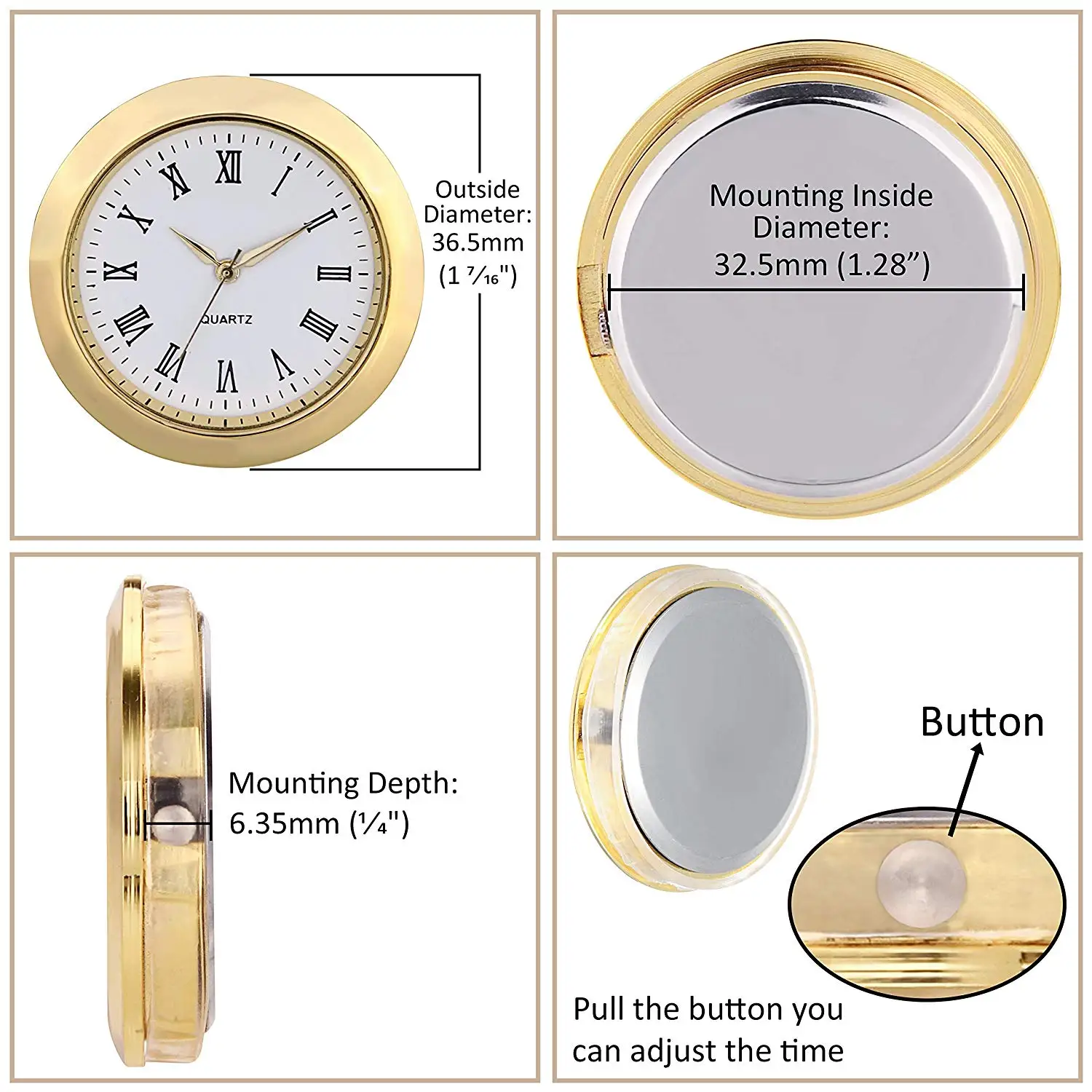 Mini Clock Quartz Movement Insert 1 7/16" (35mm) for DIY Watch