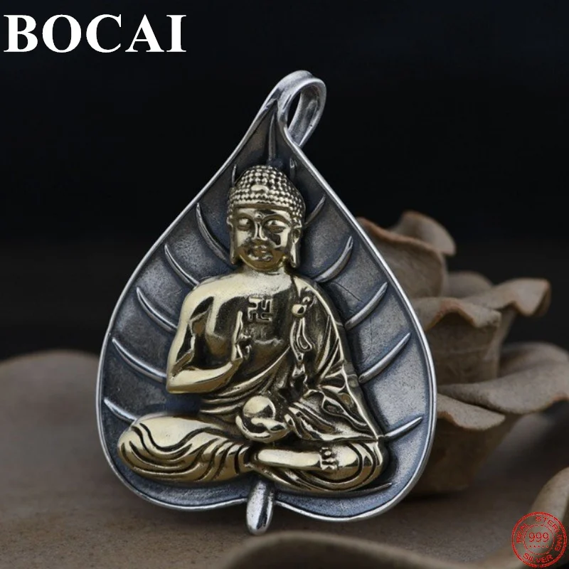 

BOCAI S925 Sterling Silver Buddha Pendant Retro Leaf-Shape Zodiac Guardian Amulet Avalokitesvara Pure Argentum Jewelry