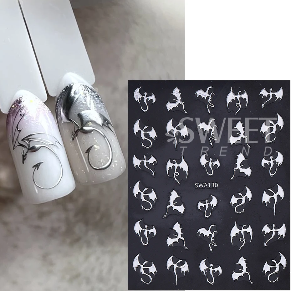 3pcs Metallic Flying Dragon Nails Stickers Gold Silver Laser Flying Devil Bat Design Nail Decals DIY Halloween Manicure Decor