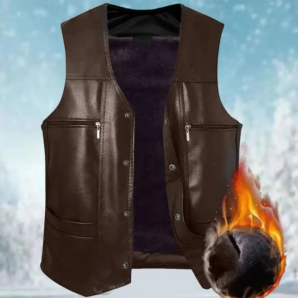 Description Picture 2 of itemMen Fall Winter Vest Faux Leather Thick Plush V Neck Multi Pockets Sleeveless Single-breasted Warm Windproof Solid Color Mid-age