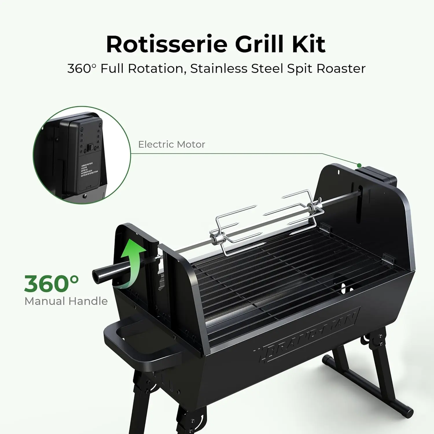 2 in 1 Barbecue Grill with Rotisserie Grill Kit, Portable Folding Outdoor Charcoal Grill, Stainless Steel Spit Roaster 6