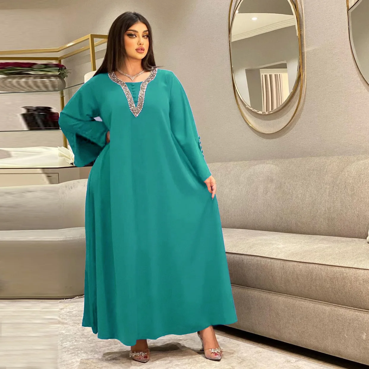 

Elegant Women's Party Dresses 2023 V-Neck Diamonds Long Sleeve Abaya Femme Musulman Robe Kaftan Jalabiyat Ramadan
