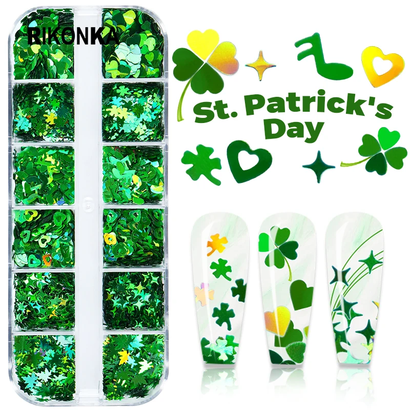 

Holographic Nail Green Clover Shaped Glitter Flake Mixed Nail Sequins Set For Nail Designs St Patrick's Day DIY Manicure Tools