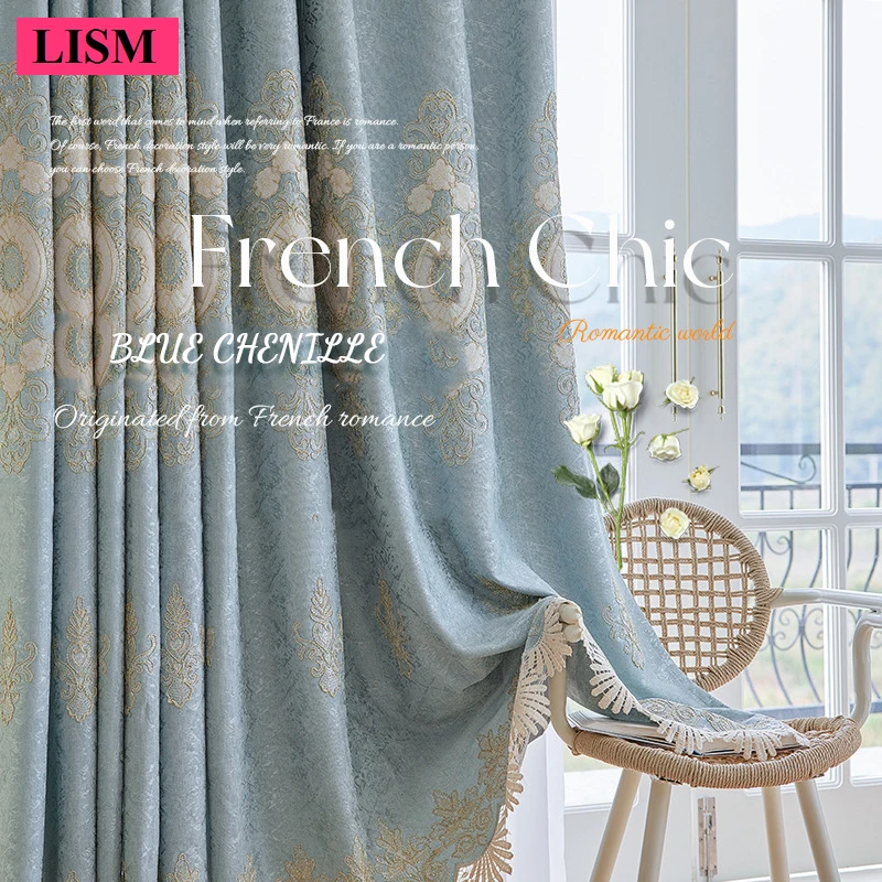 

European Chenille Curtains for Living Room Bedroom Window Blue Embroidered Luxury Thicken Blackout Colth Decor Custom Lace Tulle