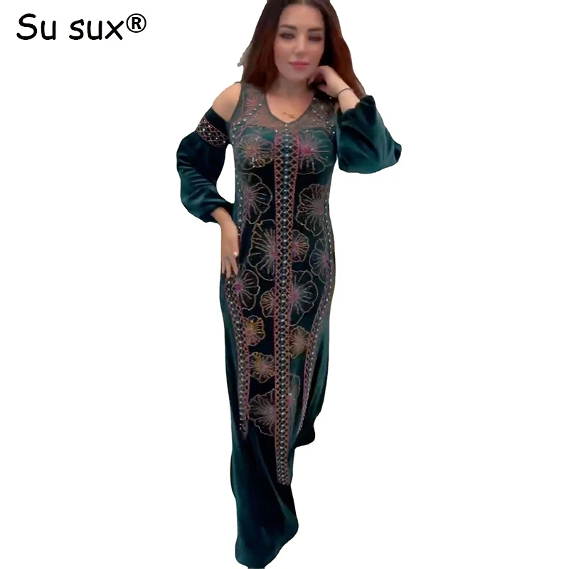 

African Party Dresses For Women 2023 New Elegant Velvet Sequins Off Shoulder Maxi Dress Abaya Dubai Muslim Robe Femme Africaine