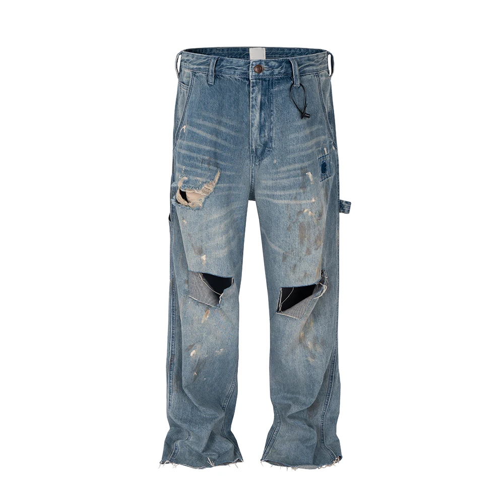High Street Hole Distressed Splashed Ink Baggy Jeans for Men Straight Ripped Casual Loose Denim Trousers Oversized Unisex Cargos