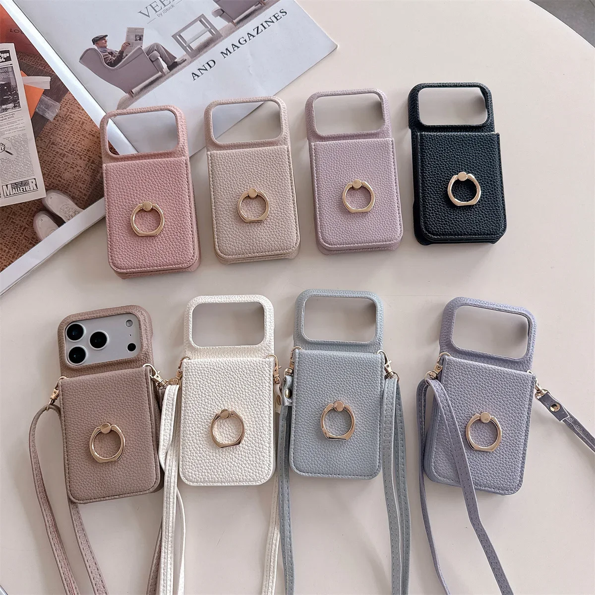 Crossbody Lanyard Wallet Phone Case with Ring Card Holder and Makeup Mirror