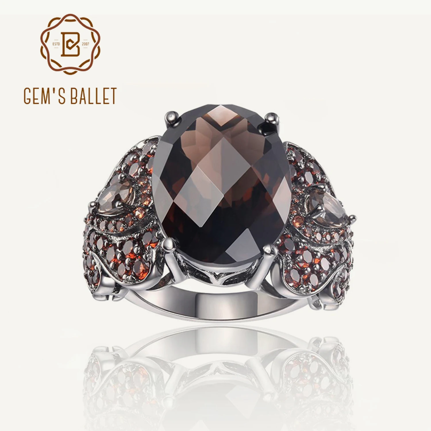

GEM'S BALLET 925 Sterling Silver Cocktail Rings Special Design OCT Cutting Natural Smoky Quartz Gemstone Ring For Women Party