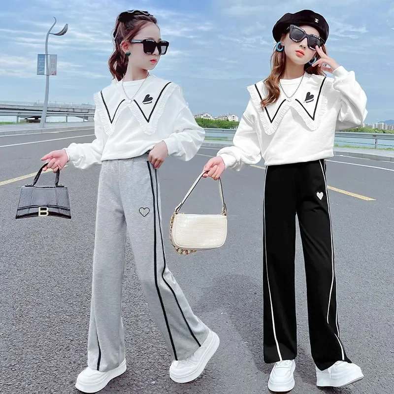 

Junior Girls Clothing Spring and Autumn Suit Thin Kid Korean Fashion Flap Collar T-shirt Sports Trousers 2 Piece Set 3-15Y