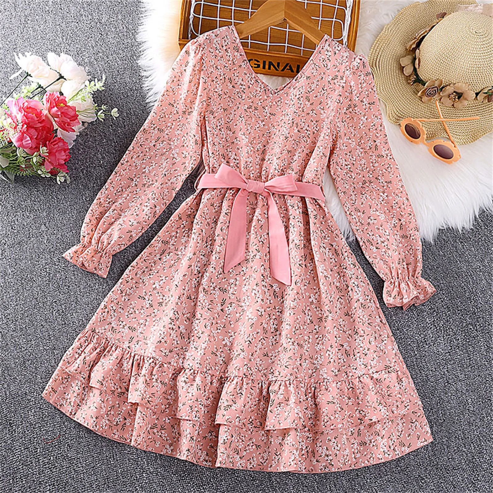 

8-12Y Girls Long Sleeve Dress V Neck Floral Print High Waist Dress Children Spring Autumn Dress With Belt Sweet Floral Dresses