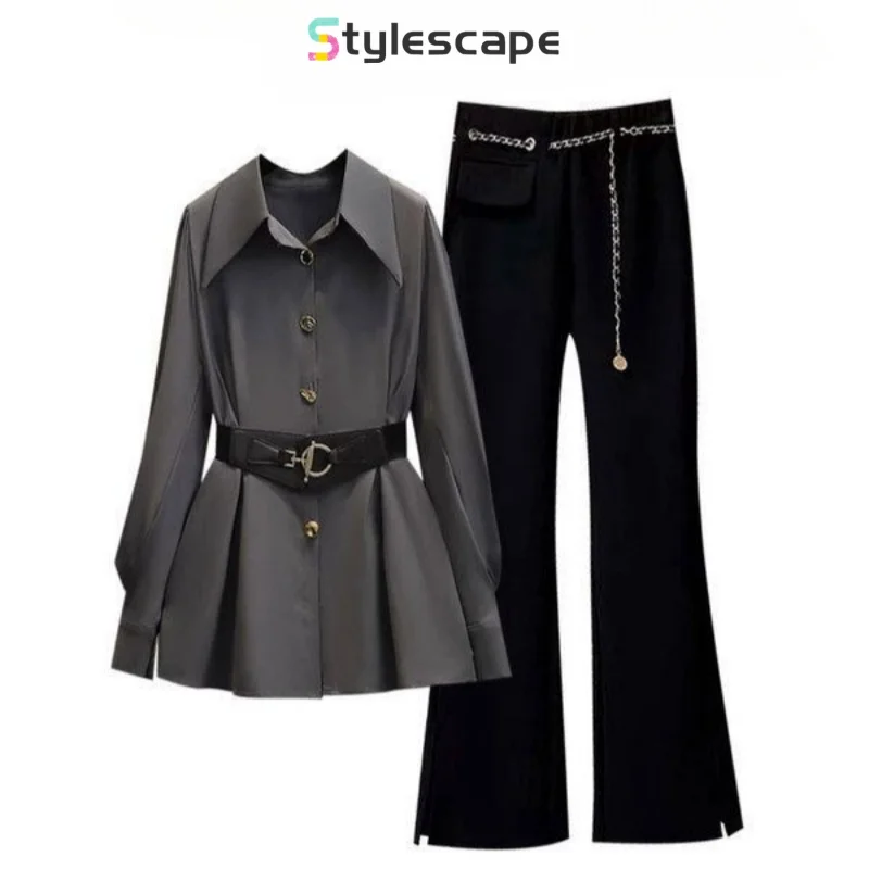 Early Autumn New Oversized Slimming Set with a Stylish Waistband Shirt and Versatile Micro Flared Pants Two-piece Set for Women док станция satechi aluminum type c multi port adapter 4k with ethernet 3xusb 3 0 usb type c rj 45 hdmi sd micro sd серебристый st tcmas
