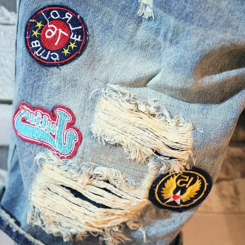 Men Denim Shorts Summer Casual Ripped Holes Do Old Embroidery Patch Low Rise Designer Jeans