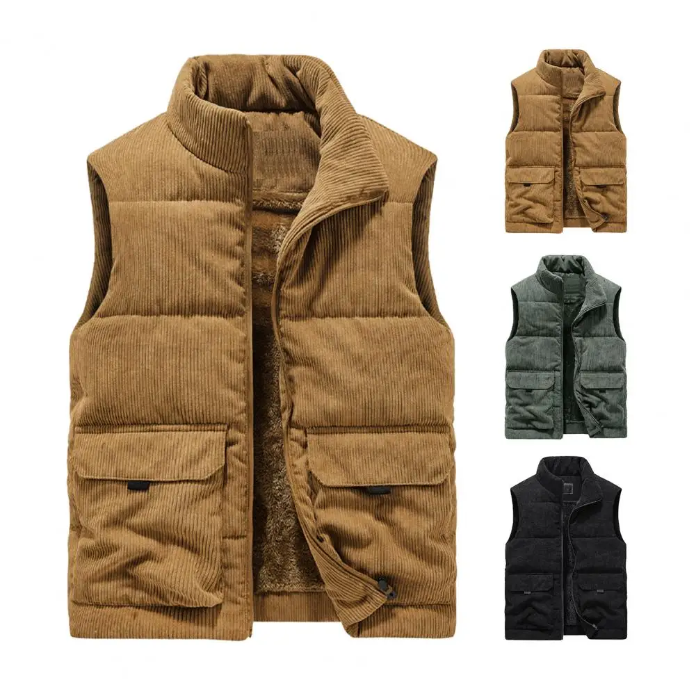 

Men Vest Cozy Men's Winter Vest Plush Waistcoat with Stand Collar Zipper Closure Pockets for Warmth Style Plus Lining Jackets