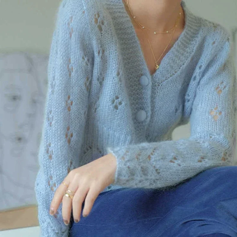 Women's Sweater Kawaii Cardigan Winter Button Crop Blue Knit Tops