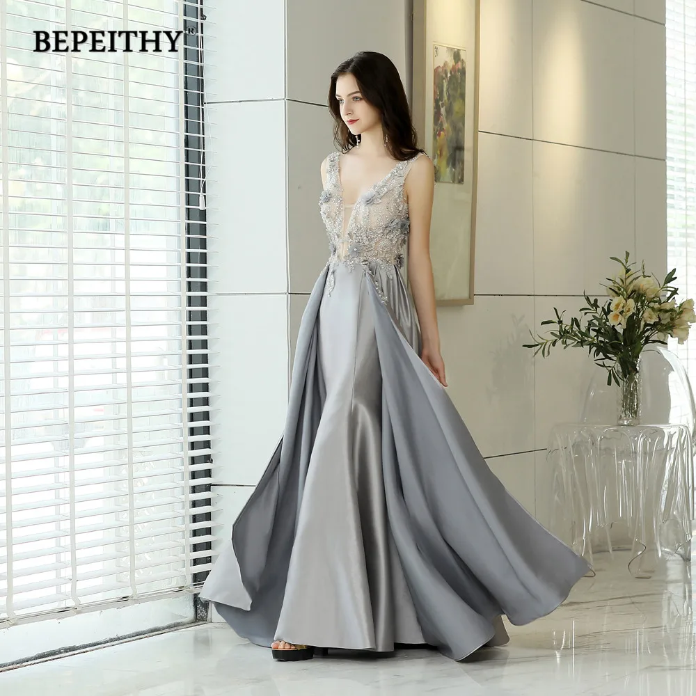 

BEPEITHY V Neck Reflective Formal Occasion Dresses Exquisite Lace Flower Appliques Top Prom Dress Sleeveless Bridesmaid Dresses