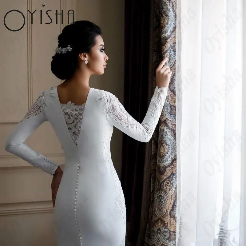 OYISHA Mermaid Appliques Muslim Wedding Dresses Elegant Satin O-Neck Full Sleeve Bridal Gowns Button Classic Vestido De Mariages 4