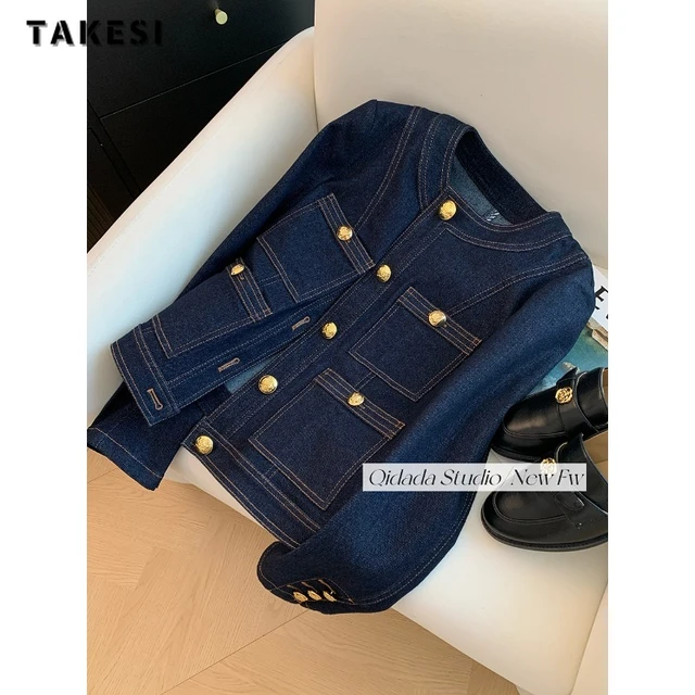 Vintage Luxury Denim Jacket Women Autumn Winter 2023 Dark Blue