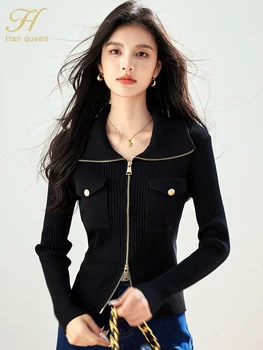 H Han Queen maglione cardigan autunnale cerniera moda semplice basic donna top casual vintage maglioni lavorati a maglia chic a maniche lunghe 1